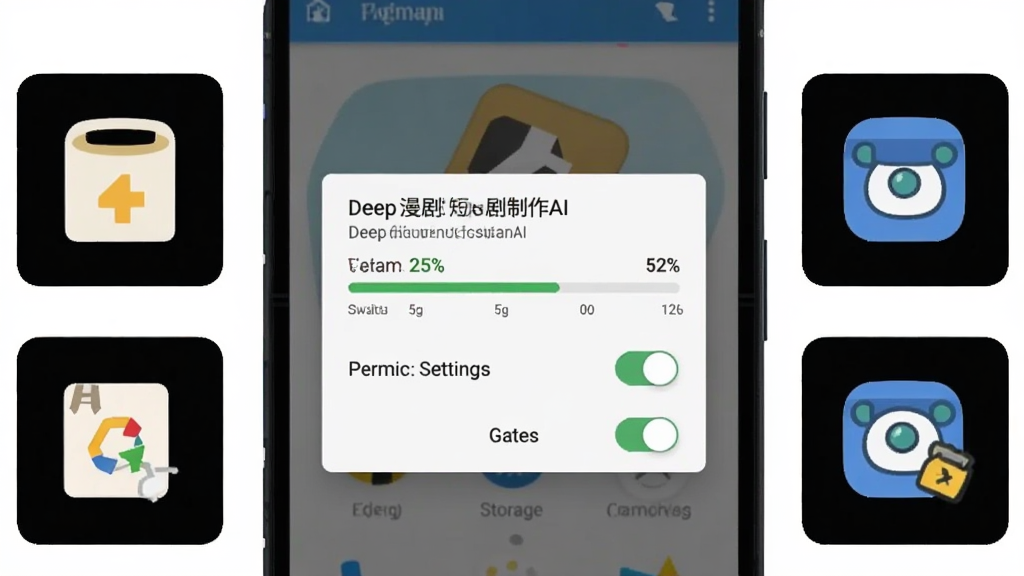 画面展示一部安卓手机屏幕特写,屏幕上显示Deep漫剧短剧制作AI的导出进度条与权限设置弹窗,手机旁边有存储空间图标与后台应用清理示意图,整体布局为手机居中加两侧小图标说明,风格为简洁教程示意图,细节包含进度条百分比与权限开关状态,画质清晰,背景干净无多余元素