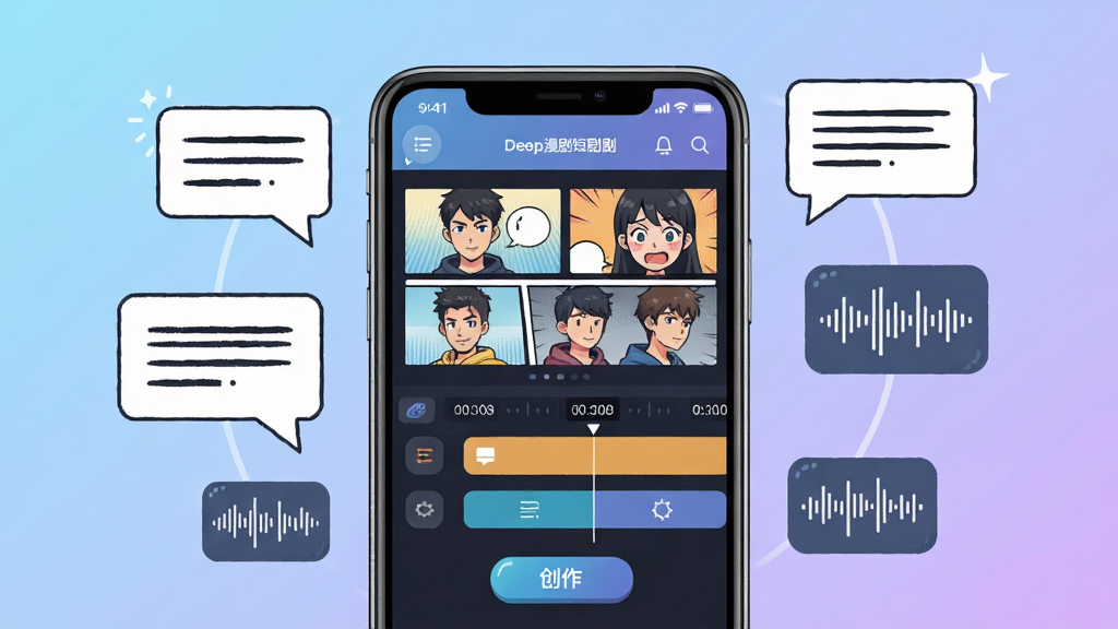 画面中央放置一部智能手机,手机屏幕上显示Deep漫剧短剧制作AI的创作界面,界面中有多个漫画风格的角色分镜缩略图与时间轴轨道,手机周围环绕着漫画气泡、对话文字块与音频波形图标,背景为浅蓝到淡紫的渐变纯色,风格为清爽扁平化科技插画,细节包括界面按钮高光与角色表情特写,画质清晰锐利,干净无多余元素