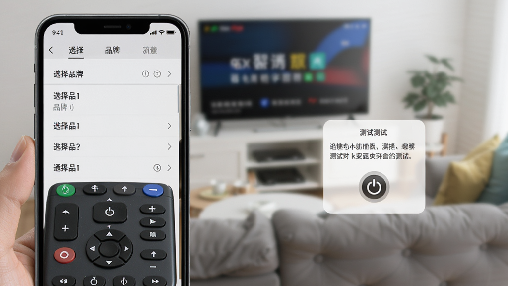 通用电视遥控器cx安装配对步骤示意图,画面为手机屏幕特写,显示选择品牌列表和测试电源键的弹窗,背景有电视和沙发虚化处理,风格为教程图示风,细节清晰展示操作步骤,画质明亮干净