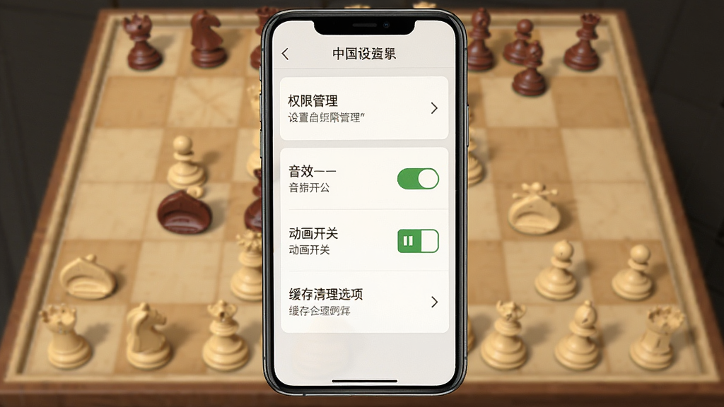 中国经典象棋软件设置界面示意图,画面为手机屏幕展示权限管理、音效开关、动画开关与缓存清理选项,界面风格简洁清爽,布局为纵向列表,画质清晰干净,无多余装饰