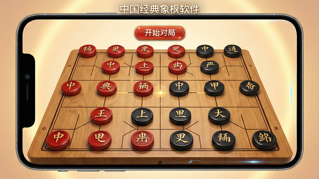 一张展示中国经典象棋手机应用主界面的图片,画面中央是木质纹理的中国象棋棋盘,红黑双方棋子立体排列,棋子表面有清晰汉字雕刻,棋盘上方显示中国经典象棋软件名称与开始对局按钮,背景为柔和暖色光晕,布局简洁居中,风格写实且带有轻微科技感,细节包括棋子高光反射与棋盘木纹,画质清晰干净,无多余元素