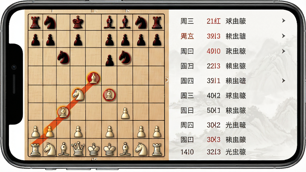 中国经典象棋棋谱复盘功能展示图,画面为手机屏幕内呈现象棋棋盘与右侧棋谱列表,棋谱以回合制文字记录红黑走法,棋盘上高亮显示当前复盘步骤的棋子位置,整体风格素雅清晰,布局左右分栏,画质干净,无多余元素
