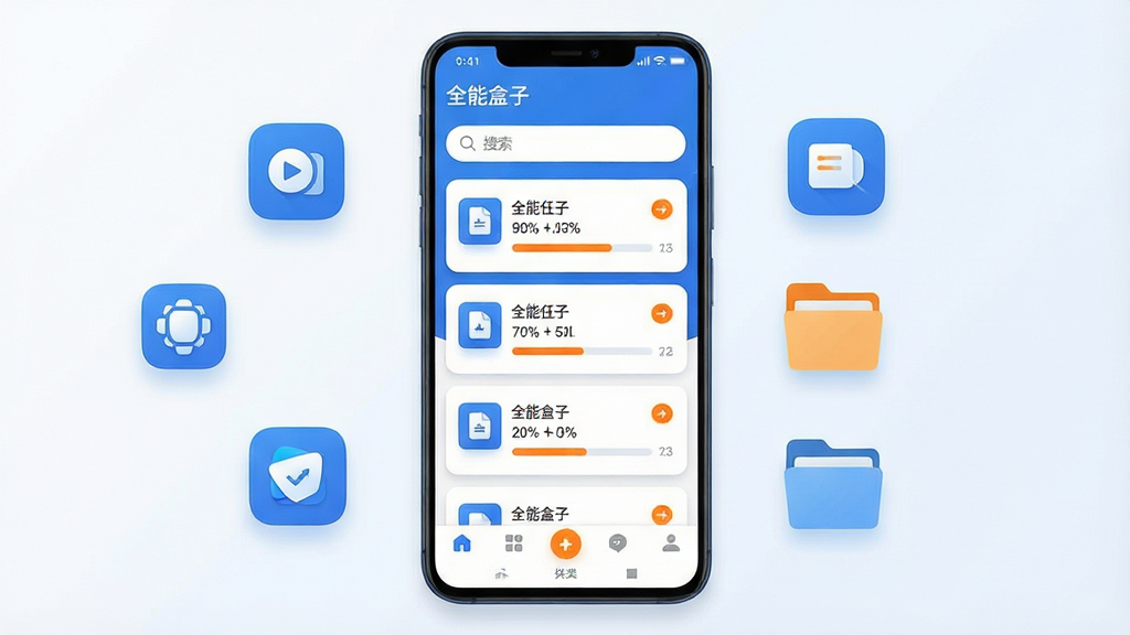 一张手机应用界面展示图,主体是一部竖屏安卓手机,屏幕中央显示“全能盒子”主界面,顶部为搜索框,中部为下载任务卡片列表,每条卡片带有进度条与文件图标,底部为分类导航栏;布局采用居中对称构图,手机两侧点缀悬浮的应用图标与文件夹图标;风格为现代扁平化科技风,配色以蓝白为主、辅以橙色强调;细节包括清晰的进度百分比数字、圆角卡片、细腻的阴影层次;画质高清,画面干净,无多余元素