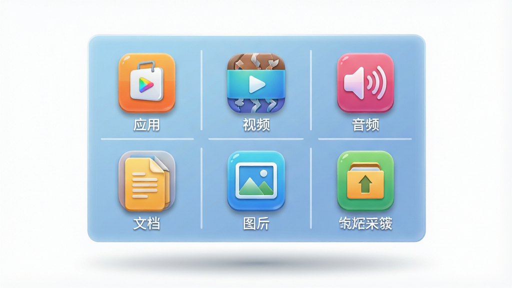 一张资源分类展示图,主体为一块悬浮的虚拟面板,面板上排列六个彩色分类图标,分别代表应用、视频、音频、文档、图片、压缩包,图标下方标注对应文字;布局为两行三列网格排布,面板居中;风格为轻拟物扁平风,配色明快;细节包括图标边缘的高光、面板下方的柔和投影、分类间的分割线;画质清晰,画面干净,无多余元素