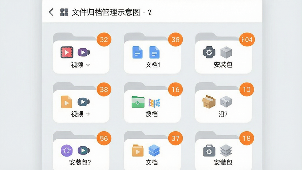 一张文件归档管理示意图,主体为手机界面中的文件夹网格,每个文件夹带有类型图标与文件数量角标,如“视频”“文档”“安装包”等;布局为三列网格,文件夹整齐排列;风格为清爽卡片式设计,浅灰背景搭配白色文件夹卡片;细节包括文件夹的圆角处理、数量角标的橙色点缀、顶部路径导航条;画质清晰,画面干净,无多余元素