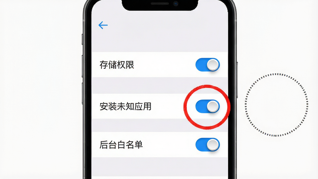 一张手机操作指引示意图,主体为手机屏幕显示设置界面,界面中包含“存储权限”“安装未知应用”“后台白名单”三个开关项,其中“安装未知应用”开关被红色圆圈标注;布局为纵向列表居中,标注圆圈位于右侧;风格为简洁系统设置界面风,白底灰字搭配蓝色开关;细节包括开关的立体质感、标注圆圈的虚线边框、界面顶部的返回箭头;画质高清,画面干净,无多余元素