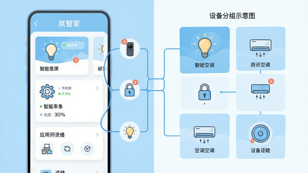 画面采用左右分栏布局,左侧为岚智家应用设备列表界面,右侧为按房间划分的设备分组示意图,中间以连接线条串联智能灯泡、门锁、空调等设备图标,风格为简洁扁平插画,配色清爽以浅蓝与白色为主,细节表现设备卡片与状态标签,画质干净清晰,无杂乱背景元素