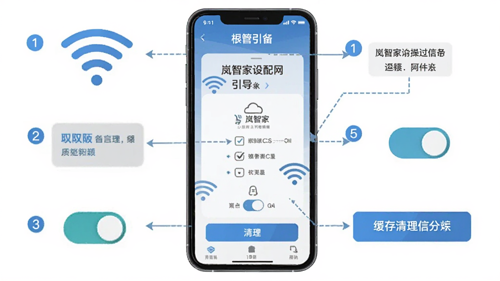 画面以手机屏幕为中心,屏幕显示岚智家设备配网引导页面,周围环绕WiFi信号图标、权限开关示意图与缓存清理按钮等元素,采用信息图风格,配色以蓝灰为主,细节清晰标注操作步骤序号,画质干净整洁,无多余装饰
