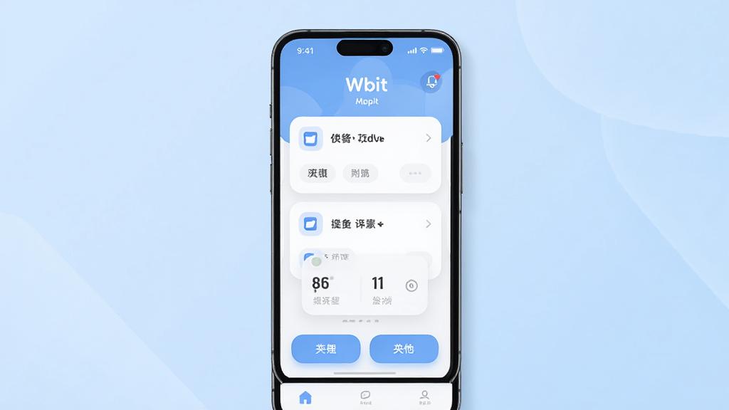 画面中央展示一部智能手机,屏幕显示Wbit应用主界面,界面包含任务卡片与快捷按钮,背景为浅蓝色渐变,布局简洁居中,风格为现代扁平化UI设计,细节包含圆角图标与柔和阴影,画质高清,干净,无多余元素