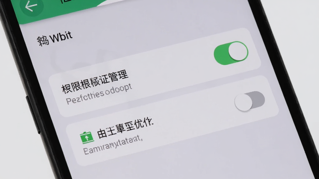 手机屏幕显示Wbit设置页面中的权限管理选项,旁边有通知开关与电池优化入口,背景为浅灰色桌面环境,风格为简洁操作指引图,细节突出开关状态与文字说明,画质高清,干净,无多余元素