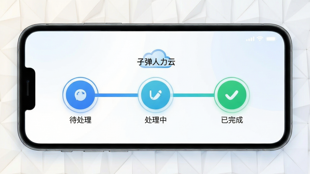 画面主体为手机界面中一条横向排列的发薪进度时间轴,节点以圆形图标标注“待处理”“处理中”“已完成”状态;整体配色为蓝白渐变,风格清爽简约,布局居中、信息层级清晰;背景为浅色几何纹理,细节上时间轴上方有“子弹人力云”小字标识;画质干净,无多余元素