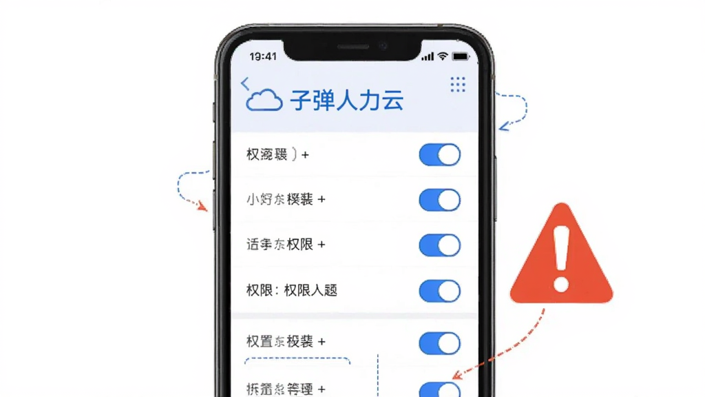 画面主体是一部手机屏幕显示设置页面中的权限开关列表,旁边有一个红色感叹号图标提示注意;整体采用简洁的信息图风格,配色以白底蓝字为主,辅以少量橙红强调色;构图居中,排版清晰,细节上屏幕上方有“子弹人力云”字样;画质干净,无多余装饰