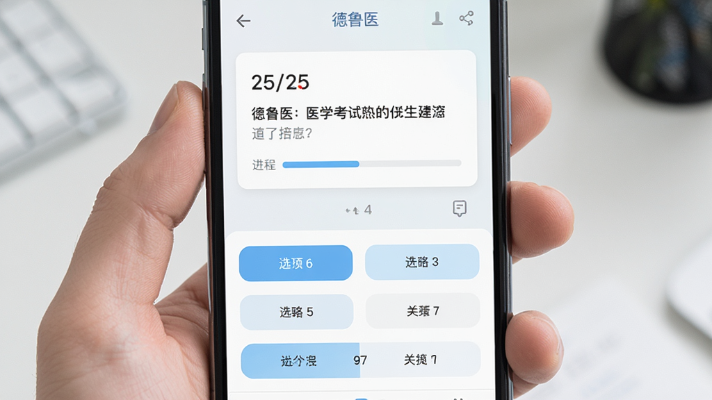 主体为手机屏幕展示医学考试练习界面,布局为上下结构,上方为题目卡片、下方为选项按钮,排版规整,风格为简约学习风,细节包括浅色背景、清晰题号、进度条元素,画面中可出现“德鲁医”字样,画质高清,干净,无多余元素
