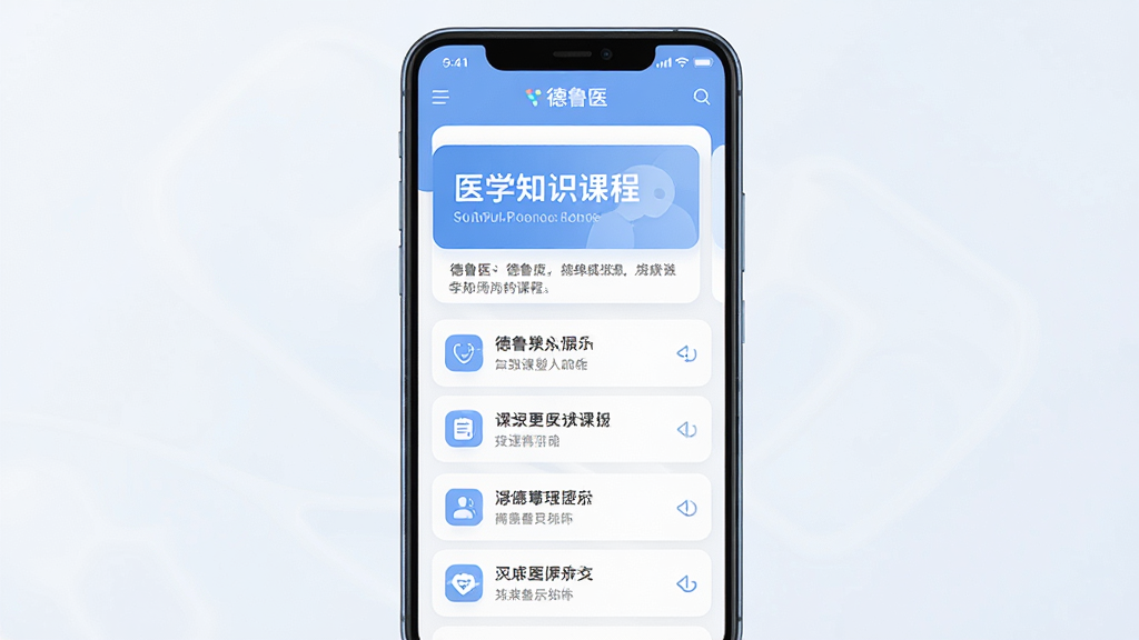 主体为一部竖屏安卓手机,屏幕中显示医学知识学习类应用界面,包含课程卡片与知识条目列表,布局居中对称,排版干净有序,风格为现代扁平化科技风,细节包括柔和蓝白配色、简洁图标与清晰文字层级,画面中可出现“德鲁医”字样,画质高清,干净,无多余元素