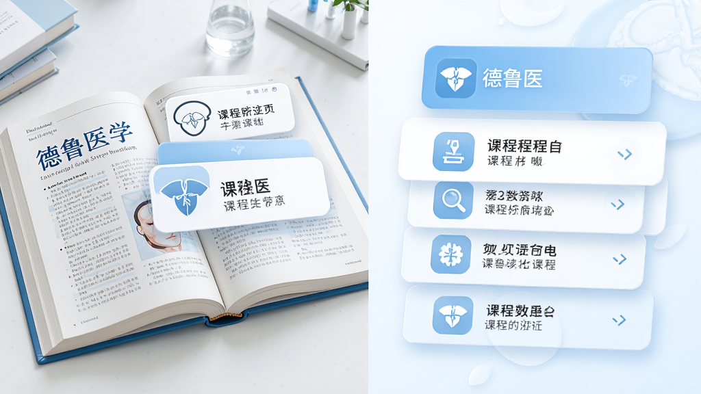 主体为打开的医学教材与悬浮的课程模块卡片,布局为左右分栏,左侧为教材、右侧为分层课程列表,排版清晰有层次,风格为清新学术风,细节包括浅蓝与白色主调、圆角卡片、医学图标点缀,画面中可出现“德鲁医”文字,画质高清,干净,无多余元素