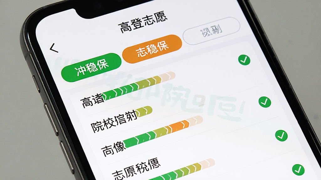 主体为手机屏幕特写,展示“高登志愿”志愿清单页面,布局为顶部冲稳保三个标签页与下方院校条目列表,排版纵向排列间距舒适,风格为教育类应用界面,细节包含绿色与橙色档位标识及勾选图标,画质清晰干净无多余元素