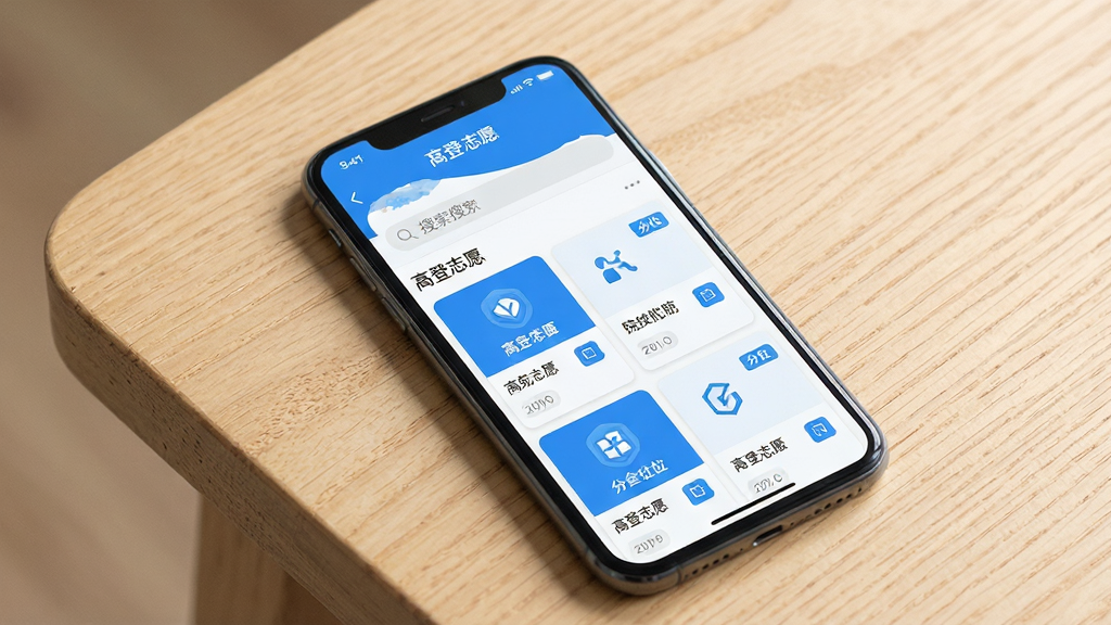 主体为一部竖屏智能手机放置于浅色木质桌面,屏幕内展示“高登志愿”软件首页界面,布局为顶部搜索栏加中部院校卡片列表,排版简洁左右留白均匀,风格为清爽扁平化UI设计,细节包含蓝色主色调图标与分数位次小标签,画质清晰干净无多余元素