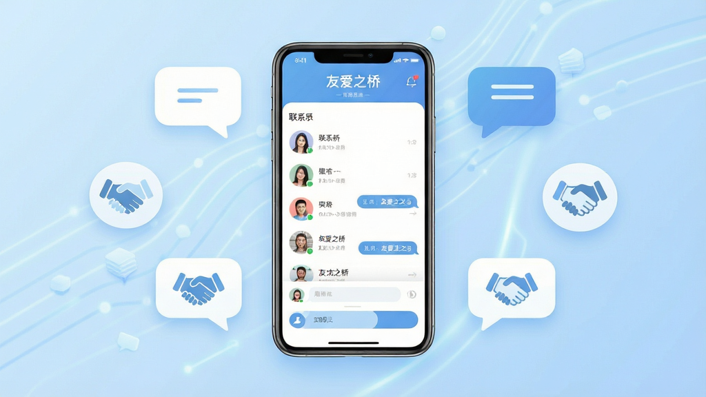 画面中央放置一部智能手机,手机屏幕上显示一款名为“友爱之桥”的社交应用主界面,界面干净清爽,有联系人列表和聊天入口,手机周围环绕着几个简约的对话气泡图标和握手图标,背景为浅蓝渐变,整体布局居中对称,风格为扁平化现代科技风,细节上气泡边缘柔和、图标线条简洁,画质清晰干净无多余元素