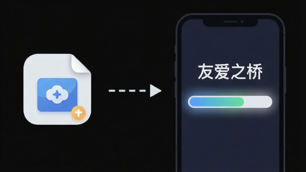 画面左侧是一个小巧的安装包图标,右侧是一部手机正在显示安装进度条,进度条上方写有“友爱之桥”字样,中间用虚线箭头连接,布局为左右对比式,风格为简洁扁平插画风,细节上进度条带有柔和光晕、图标边缘圆润,画质干净清晰无多余元素