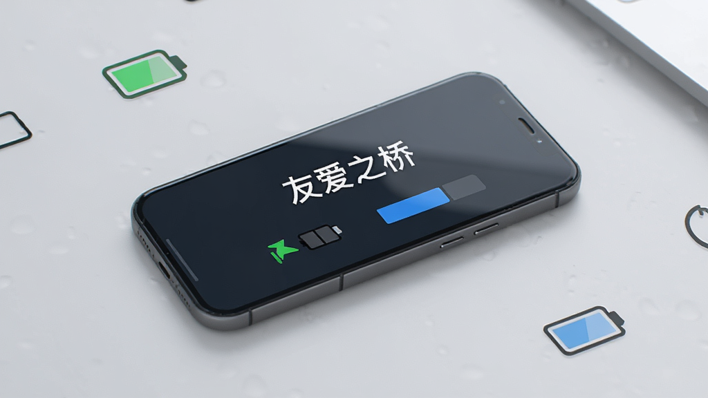 画面中一部手机放置在桌面,屏幕显示“友爱之桥”运行状态界面,旁边有一个电量图标和内存占用条,均处于较低水平,背景为干净的浅灰桌面,布局为手机居中、图标环绕,风格为写实科技风,细节上电量图标为绿色、内存条为蓝色短条,画质清晰干净无多余元素