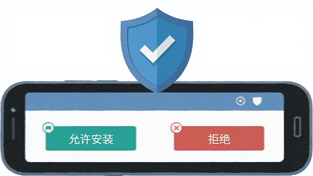 画面为一部安卓手机屏幕特写,屏幕显示应用权限设置页面,旁边有“允许安装”“拒绝”两个按钮,手机上方悬浮一个盾牌安全图标,布局为手机居中、图标在上方,风格为扁平化安全主题插画,细节上盾牌带有对勾、按钮颜色分明,画质清晰干净无多余元素