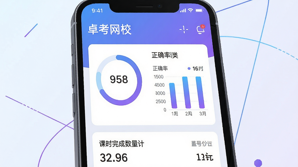画面主体为一部手机特写,屏幕显示卓考网校个人中心学习数据面板,包含环形进度图、柱状正确率图表与课时完成数量统计,界面元素排列整齐;手机背后为浅色渐变背景,点缀少量几何线条;整体采用简洁的数据可视化插画风格,配色以蓝紫渐变为主,文字清晰可读;画面干净利落,无多余元素,画质细腻。