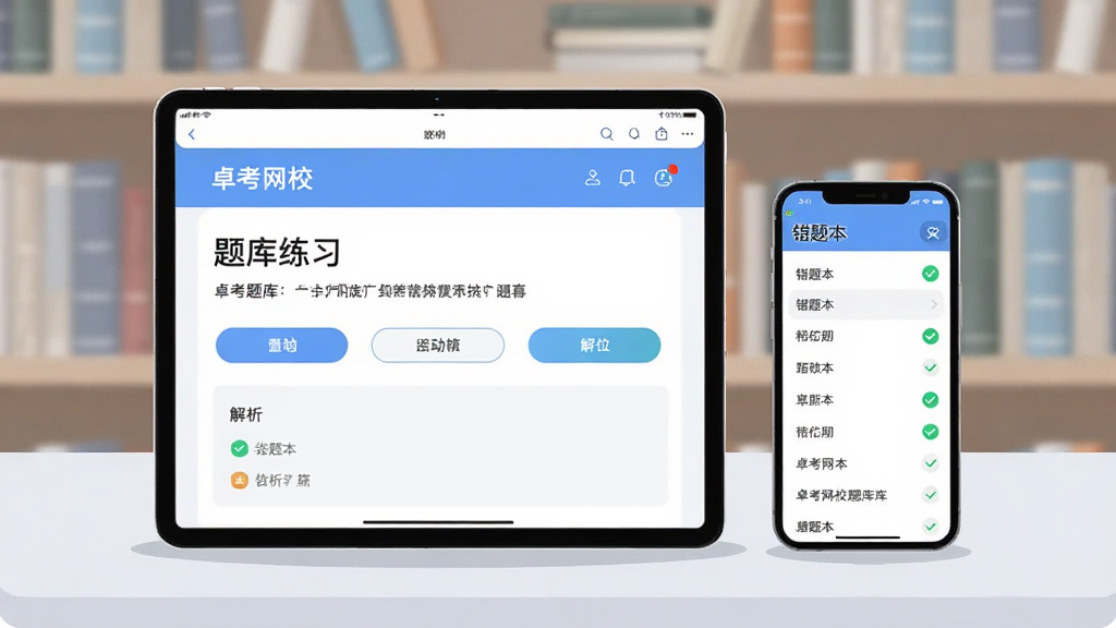 画面主体为一部横向摆放的平板电脑与一部手机,平板屏幕显示卓考网校题库练习页面,题目下方有选项按钮与解析区域,手机屏幕显示错题本列表,按科目分组排列;设备放置在浅灰色桌面上,背景为虚化的书架;整体采用清爽的现代扁平插画风格,主色调为浅蓝与白色,点缀绿色对勾图标;排版简洁有序,画面干净,无杂乱元素,画质高清。