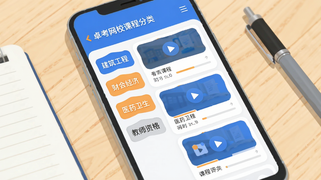 画面主体为一部竖屏智能手机,屏幕中显示卓考网校课程分类列表界面,左侧为建筑工程、财会经济、医药卫生、教师资格等分类标签,右侧为对应课程卡片,卡片上有播放按钮与课时进度条;手机放置在一张浅木色桌面上,旁边摆放笔记本与签字笔;整体采用清新明亮的扁平化插画风格,配色以蓝白为主辅以少量橙色点缀;画面干净整洁,无多余装饰元素,画质清晰细腻。