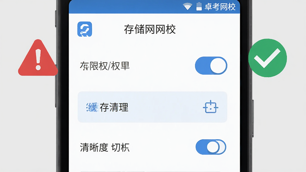 画面主体为一部安卓手机屏幕特写,显示卓考网校应用设置页面,包含存储权限开关、缓存清理入口与清晰度切换选项,界面旁边有一个红色警示图标与绿色对勾图标形成对比;背景为浅灰色纯色;整体采用简洁的信息图插画风格,配色以白、蓝、红为主,元素排列清晰;画面干净,重点突出,无多余装饰,画质高清。