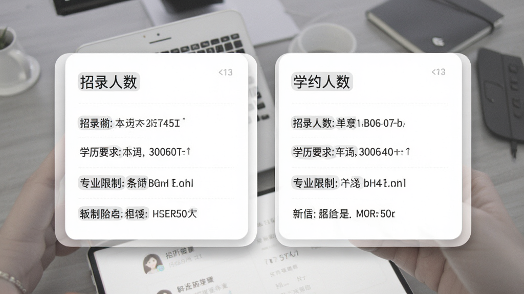 选岗软件岗位对比界面展示,画面为手机屏幕中两个岗位卡片并排排列,卡片内包含招录人数、学历要求、专业限制等字段,界面风格为清爽卡片风,细节包含卡片阴影与字段对齐,画质高清,干净,无多余元素