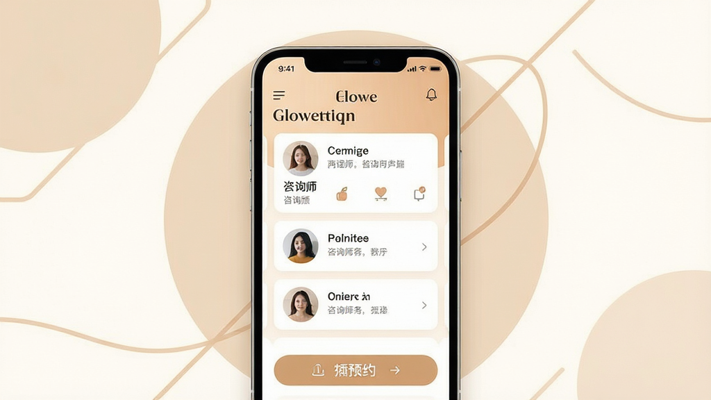 一张展示Glowe阁楼应用界面的手机屏幕效果图,画面中央是手机正视图,屏幕内显示柔和的暖色调心理服务首页,包含咨询师列表卡片与预约入口,手机周围以浅米色圆形色块与线条装饰,整体布局居中对称,风格温暖简约,细节上突出界面图标与文字排版清晰,画质干净细腻,无多余元素