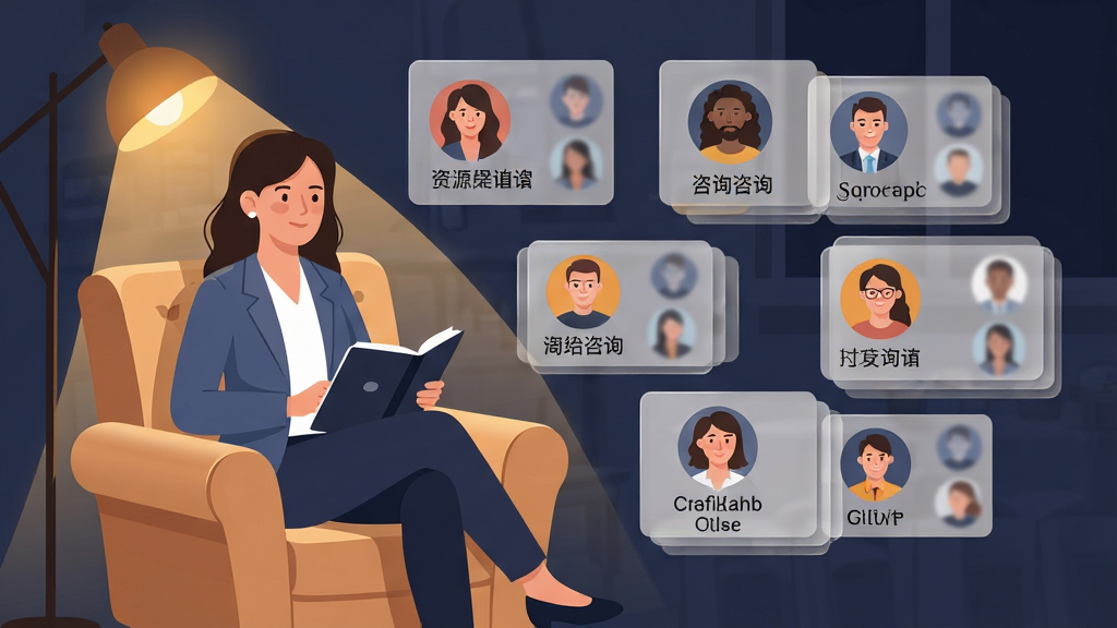 一张表现Glowe阁楼咨询师资源库概念的插画,画面主体为一位咨询师坐在温暖灯光下的单人沙发上,面前摆放着笔记本,周围以半透明卡片形式漂浮展示不同咨询师的头像与擅长标签,布局采用左右分栏,左侧人物右侧信息卡片,风格扁平化插画,细节上注重卡片层次与柔和阴影,画质干净清晰,无多余元素