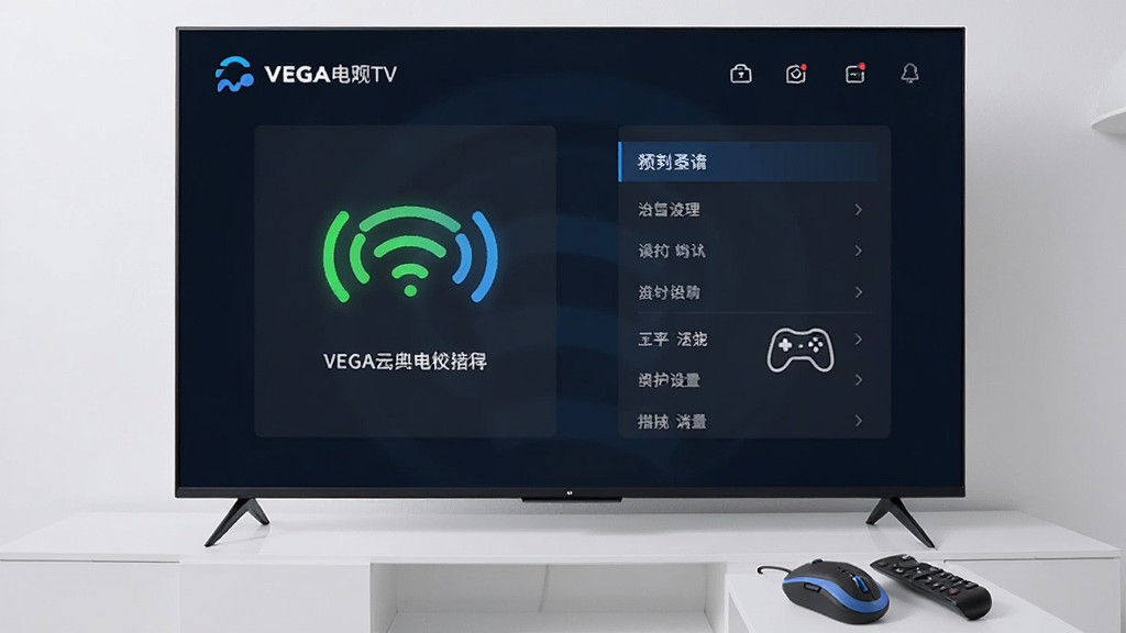 主体为电视屏幕上显示VEGA云电脑TV的连接设置界面,画面中有网络状态图标与键鼠连接提示;布局为电视居中、旁边放置蓝牙鼠标与遥控器;排版清晰展示设置面板;风格为科技教程风;细节包含信号波形图标、设置菜单列表;画质清晰,干净,无多余元素