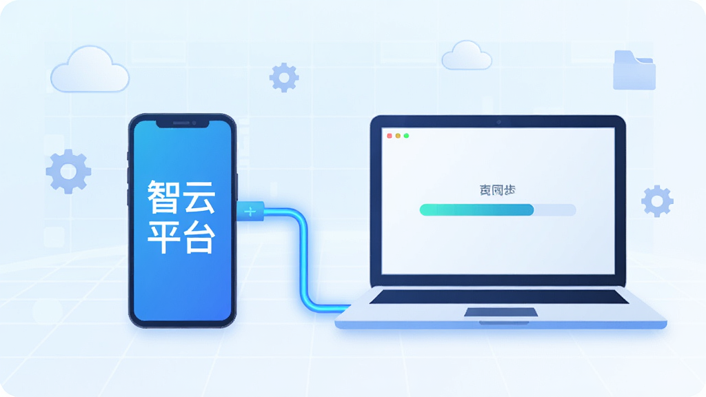 一幅横向宽幅数字插画,画面中央是一部智能手机与一台笔记本电脑并排摆放,两者之间用发光的蓝色数据线连接,手机屏幕显示“智云平台”四个中文字,电脑屏幕显示简洁的文件同步进度条,背景为浅色渐变科技网格,布局左右对称,风格清爽扁平化,细节包括小云朵图标与齿轮符号点缀,画质清晰干净,无多余装饰元素