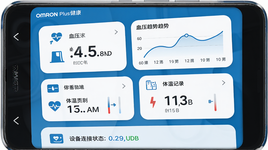 OMRON Plus应用主界面展示,主体为一部安卓手机屏幕显示健康数据仪表盘,布局上方为血压数值卡片与趋势曲线,中部为体重与体温记录模块,下方为设备连接状态栏,排版整齐清晰,风格为清爽医疗蓝白配色,细节包含圆角卡片、简洁图标与数据图表,画质高清,干净无多余元素