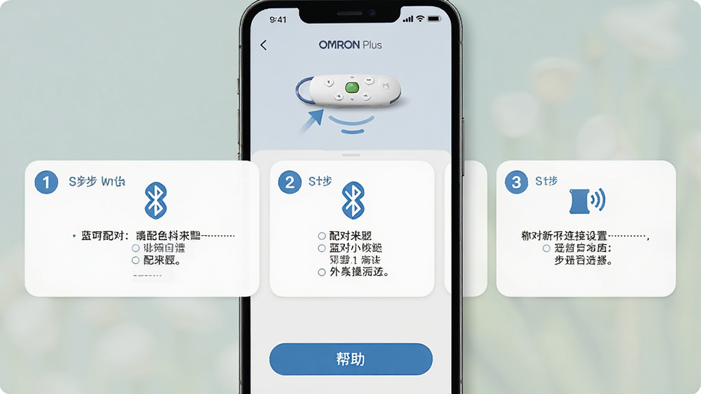 OMRON Plus新手连接设置示意图,主体为手机屏幕展示蓝牙配对引导页面,布局上方为设备搜索动画,中部为配对步骤说明卡片,下方为帮助按钮,排版清晰分步,风格为友好引导式界面,细节包含步骤序号、蓝牙图标与提示文字,画质清晰,干净无多余元素