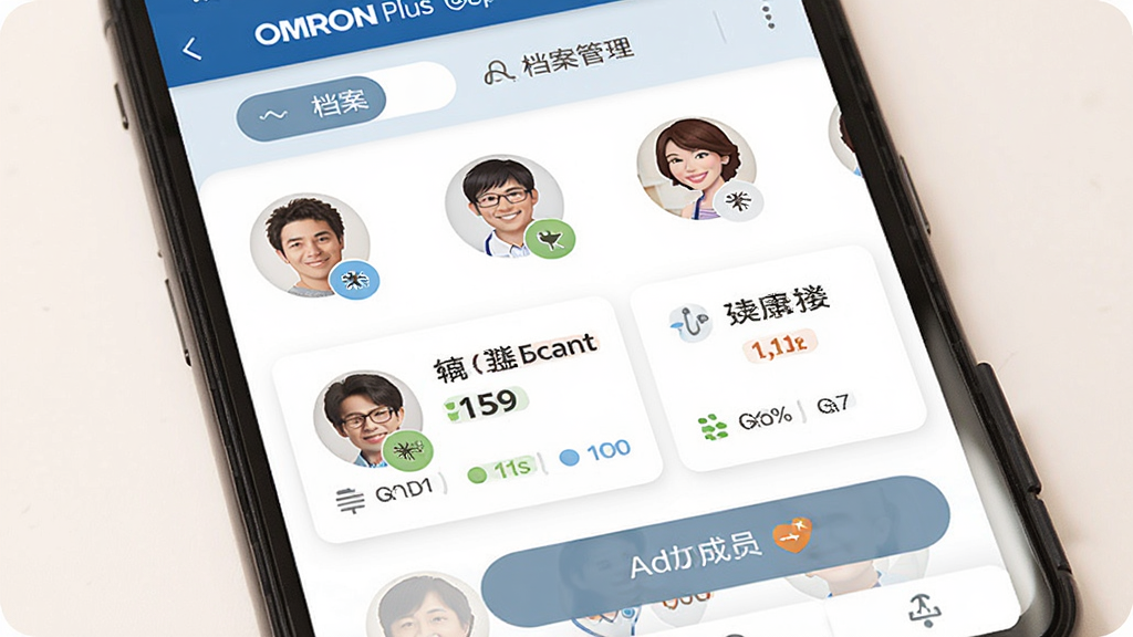 OMRON Plus多用户档案管理界面,主体为手机屏幕显示家庭成员头像列表,布局上方为档案切换栏,中部为各成员健康数据摘要卡片,下方为添加成员按钮,排版清晰,风格为温馨家庭医疗风,细节包含圆形头像、彩色标签与简洁图标,画质清晰,干净无多余元素