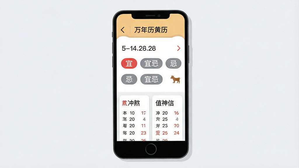 主体为手机屏幕特写,屏幕中央显示“万年历黄历”黄历详情页,布局为上下结构,上方是日期与宜忌标签,下方是冲煞与值神信息卡片,排版整齐,风格为清爽扁平化UI插画,细节包含红色宜字标签、灰色忌字标签、小号生肖图标,画质清晰,背景浅灰干净,无多余元素