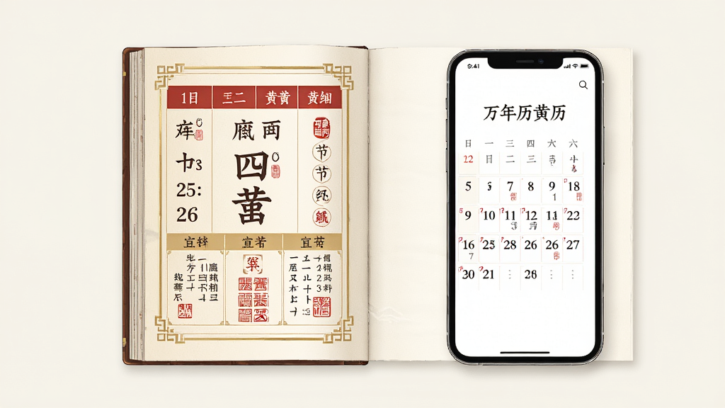 主体为一本翻开的传统老黄历与一部智能手机并排摆放,布局居中对称,左侧黄历页面印有农历日期与宜忌字样,右侧手机屏幕显示“万年历黄历”日历界面,排版干净留白充足,风格为新中式简约插画,细节包含红色印章、节气小图标、淡金色边框,画质清晰细腻,背景纯色干净,无多余元素