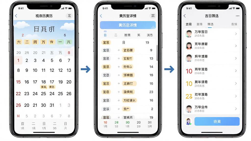 主体为手机应用操作流程图,布局为三屏并列展示,左侧月视图日历、中间黄历宜忌详情、右侧吉日筛选列表,排版横向排列带箭头指引,风格为简洁UI示意图,细节包含“万年历黄历”界面元素、日期数字、宜忌标签,画质清晰,背景白色干净,无多余元素