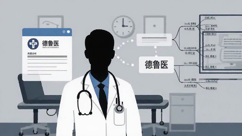 画面展示一位身穿白大褂的医生形象剪影,旁边浮现病例分析卡片与思维导图线条,卡片上标注“德鲁医”标识,背景为诊室环境简化线条,风格为现代扁平插画,构图左图右文,细节简洁,画质干净