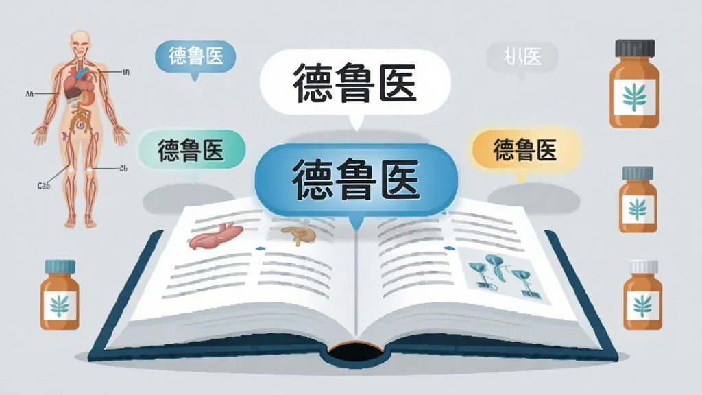 画面主体为一本打开的医学书籍与悬浮的知识分类标签,标签上写有“德鲁医”字样,书籍周围分布人体结构简图与药瓶图标,背景为浅灰色,采用矢量插画风格,布局居中对称,细节干净利落,画质清晰无噪点