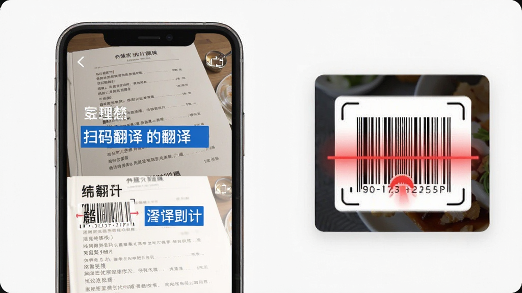 扫码翻译功能图:画面中手机正在扫描一本外文菜单,屏幕上原文与中文翻译上下对照显示,旁边还有商品条码扫描的辅助小图,布局为上下分栏式,风格为现代简约风,细节上翻译文字用蓝色底色突出,条码扫描区域有红色扫描线动画效果,画质清晰,画面干净,无多余元素