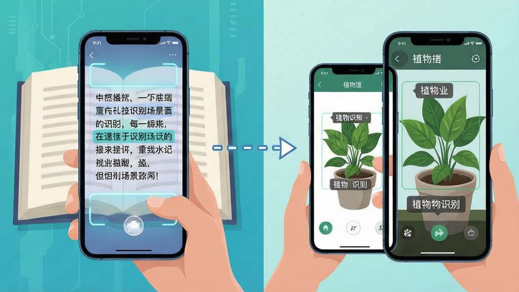 多功能识别场景图:画面左侧展示一本书本被手机扫描后文字自动提取到屏幕上的过程,画面右侧展示手机对准一盆绿植进行植物识别的界面,中间用虚线箭头连接表示功能切换,布局为左右对比式,风格为插画风科技感,细节上文字提取部分有高亮选中效果,植物识别部分显示植物名称标签,画质清晰,画面干净,无多余元素