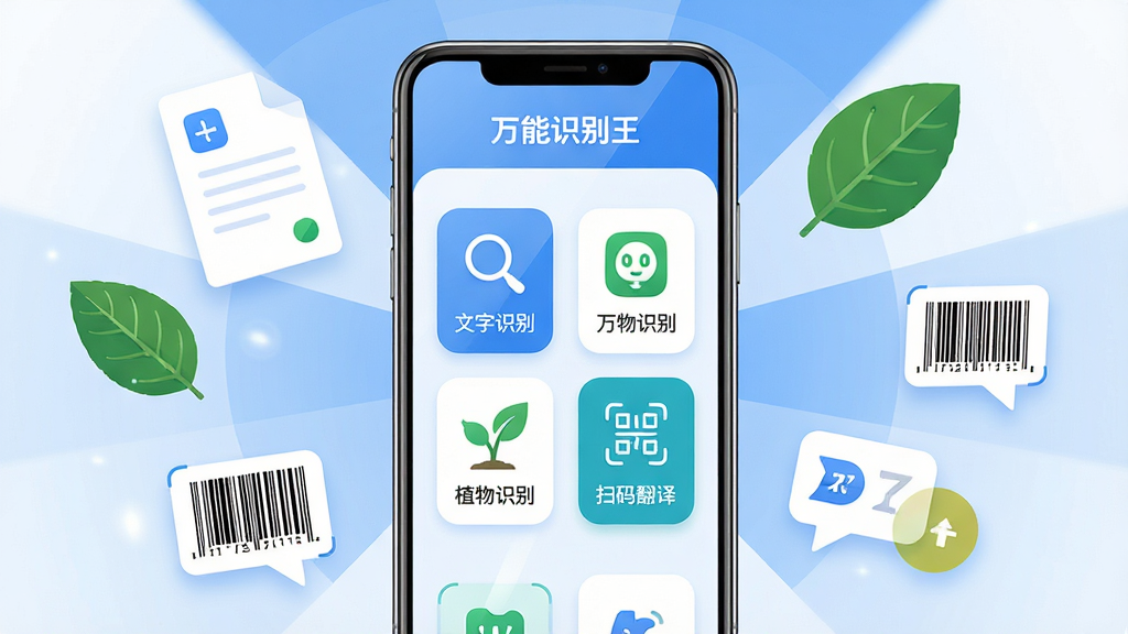 软件全貌展示图:画面中央是一部现代智能手机,屏幕上显示万能识别王APP的主界面,界面中有“文字识别”“万物识别”“植物识别”“扫码翻译”四个功能入口图标,手机周围环绕着悬浮的文字文档、绿色植物叶片、条形码和翻译气泡等元素,整体布局采用中心辐射式构图,风格为清爽的扁平化科技风,配色以蓝白为主搭配少量绿色点缀,细节上手机屏幕有轻微反光质感,图标线条圆润清晰,画质高清,画面干净,无多余元素