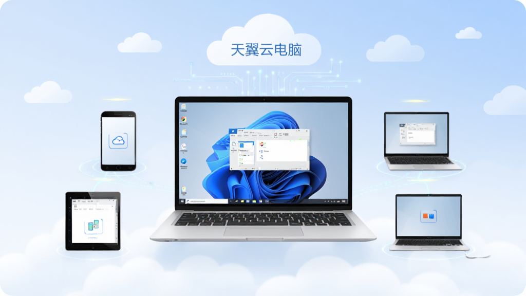 画面主体为一台悬浮在云端的笔记本电脑,屏幕显示简洁的Windows桌面与办公软件窗口,周围环绕手机、平板、轻薄本三台设备通过光线与云电脑相连,布局为居中对称构图,上方留白放置云朵与数据流线条,风格为科技感扁平插画,细节包括柔和的蓝白渐变背景、细线图标、轻量光晕,画质清晰干净,无多余元素,图片中打文字“天翼云电脑”