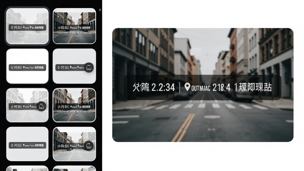 水印打卡定位相机应用内水印样式选择界面,画面左侧排列多个水印模板缩略图,右侧是大图预览效果,预览照片为街景画面并叠加包含时间地点信息的水印条,界面布局左右分栏,风格简洁商务,细节上模板卡片有圆角边框和选中高亮状态,画质清晰干净