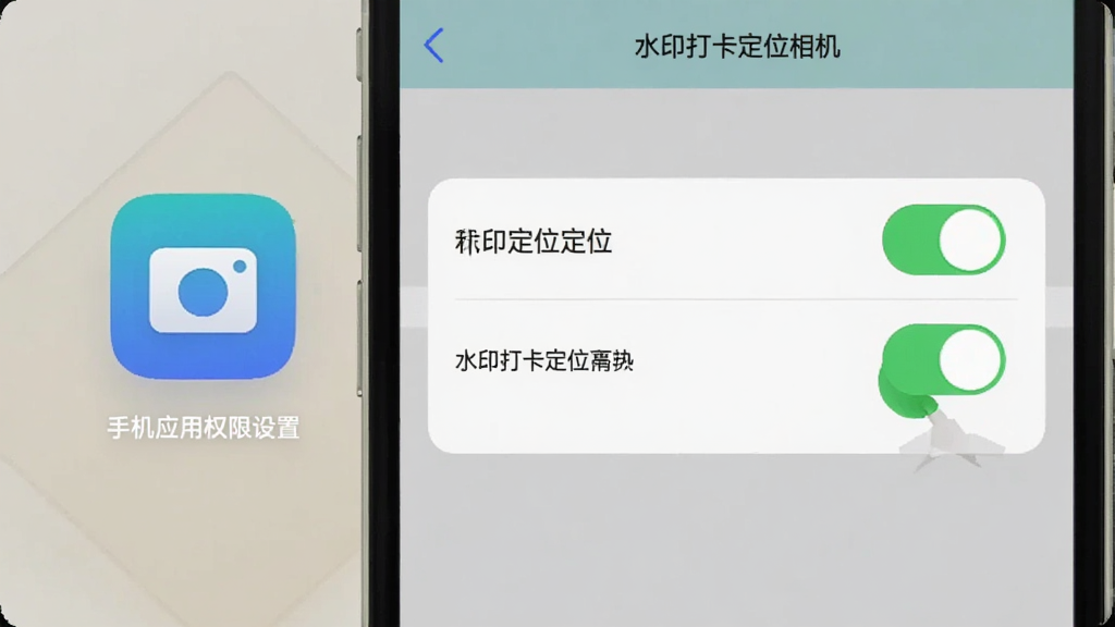 水印打卡定位相机手机应用权限设置界面示意图,画面展示手机设置页面中相机与定位权限开关处于开启状态,旁边配有软件图标和简洁文字标注,布局为手机界面截图风格,整体色调柔和清淡,细节上开关按钮清晰可见,画质干净整洁