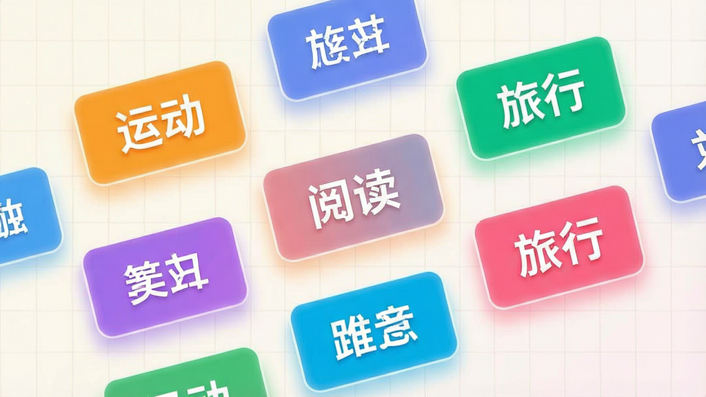 一张展现Bang应用内话题聚合页面的场景图,画面中多个彩色话题标签如“运动”、“阅读”、“旅行”以卡片形式悬浮排列,背景是淡雅的网格纹理,卡片边缘带有微光效果,整体布局错落有致,风格活泼明快,画质细腻无噪点