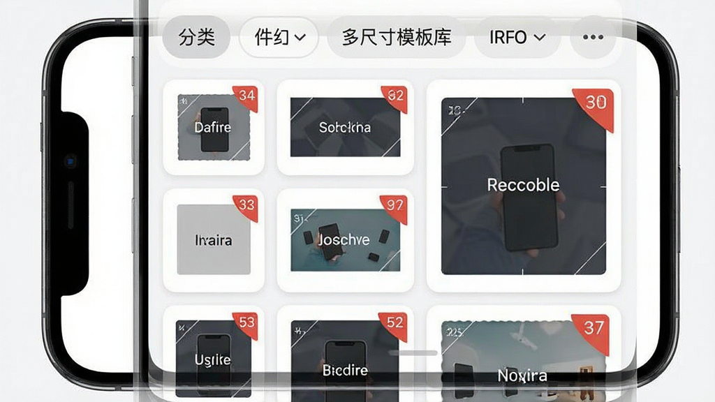 一张展示我推小组件DIY多尺寸模板库的界面图,画面主体为手机屏幕中排列整齐的组件模板缩略图网格,缩略图包含小尺寸方形、中尺寸长方形和大尺寸方形三种规格,每个缩略图上标注尺寸标签,布局为三列网格排列、顶部为分类筛选栏,风格为简洁的卡片式UI设计,细节上体现模板预览缩略图和尺寸角标,画质清晰,画面干净无多余元素